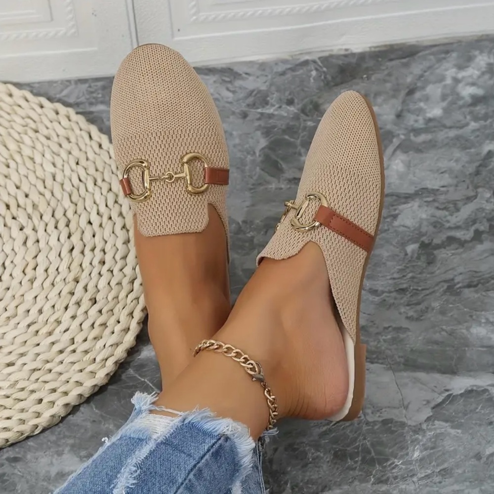 NWT Women's Metallic Buckle Decor Mules Knit Flat Shoes